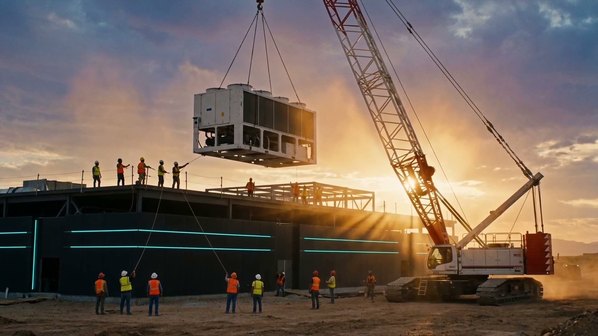 The Journey — film poster: crane lifting cooling unit at the desert campus